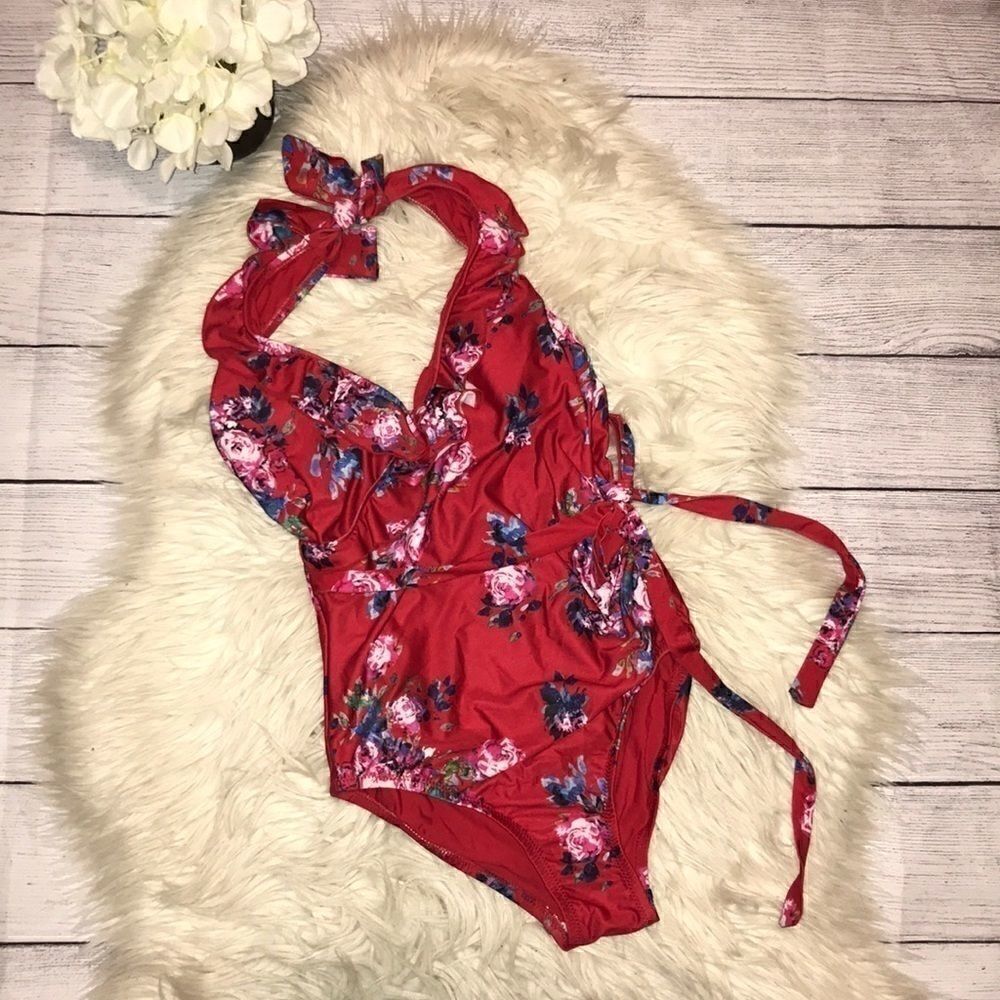 NEW ModCloth Reese One-Piece Red Floral Swimsuit - Picture 2 of 8
